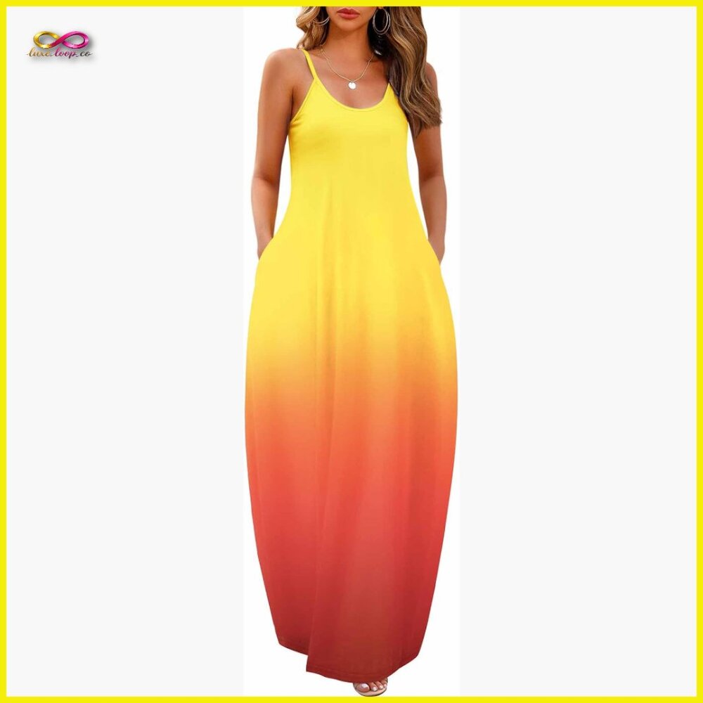 Maxi Dress With Pockets Loose Fit Adjustable Straps Elegant Summer Casual